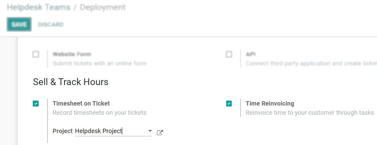 View of a helpdesk team settings page emphasizing the timesheet on ticket and time reinvoicing features in CoquiAPPs Helpdesk