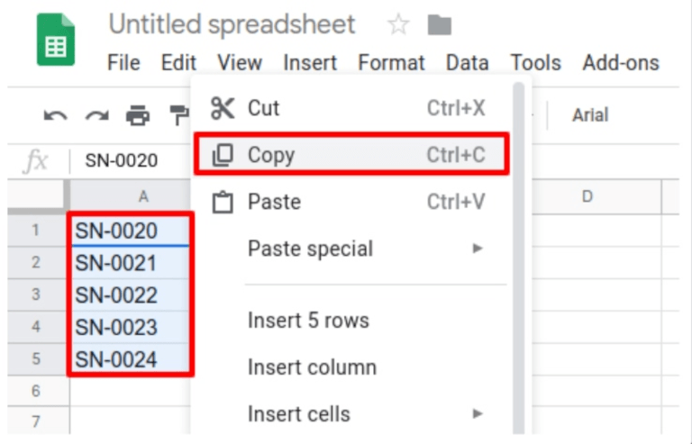 List of serial numbers copied in Excel spreadsheet.