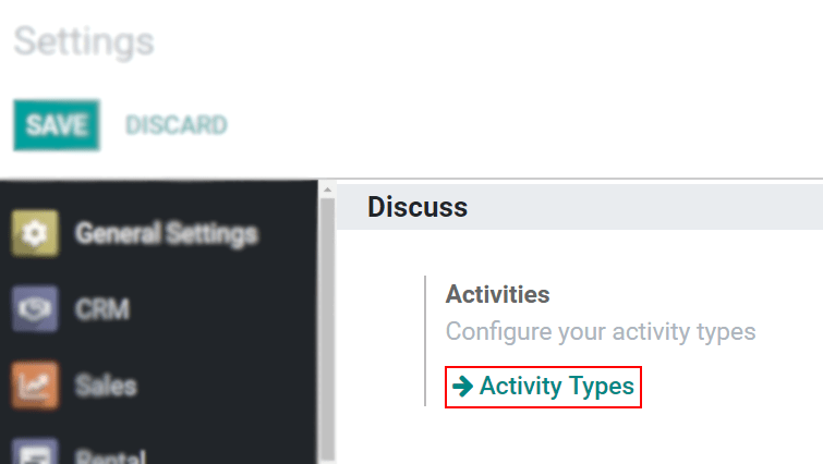 View of the settings page emphasizing the menu activity types for CoquiAPPs Discuss