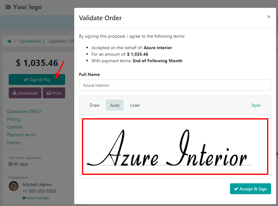How to confirm an order with a signature on CoquiAPPs Sales?