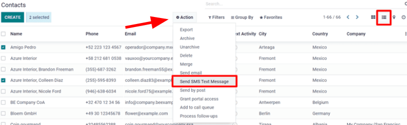 Select a number of contacts, click action, and select send multiple SMSs.