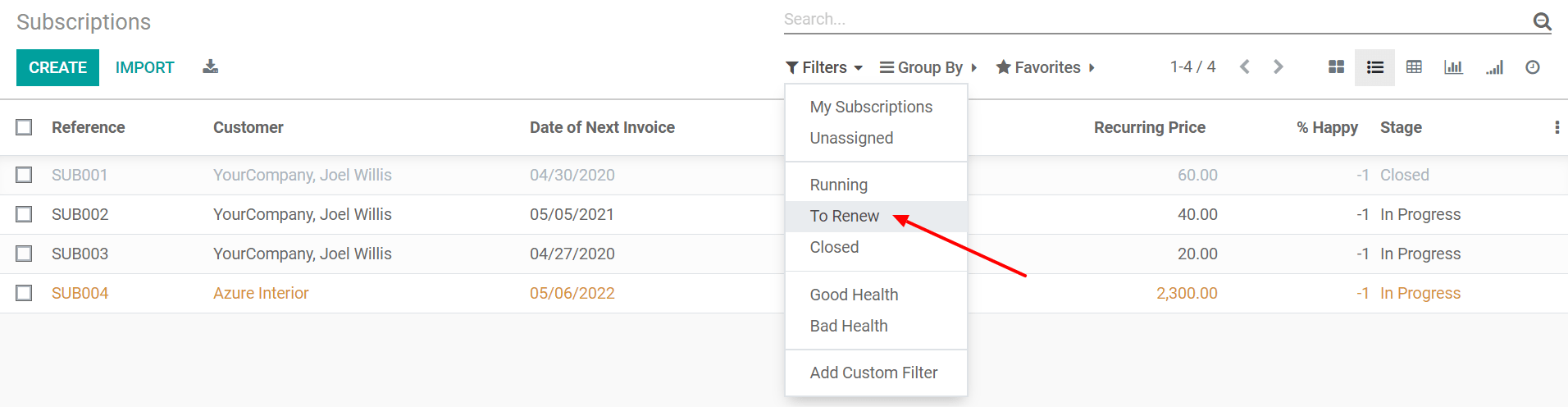 List view of all subscriptions and use of the filter to renew in CoquiAPPs Subscriptions