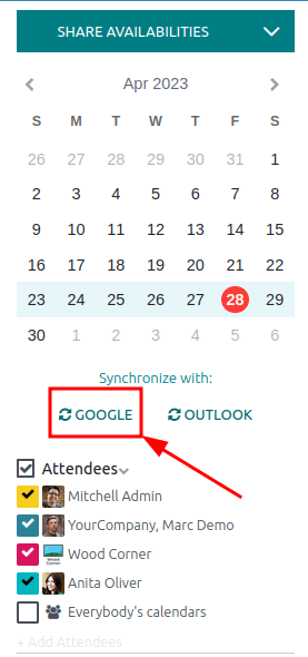 Click the Google sync button in CoquiAPPs Calendar to sync Google Calendar with CoquiAPPs.