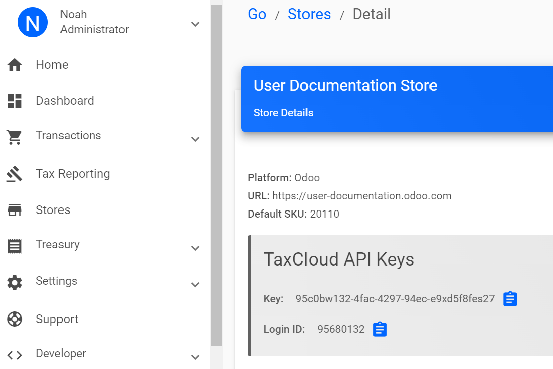 Example of a store's TaxCloud API Keys