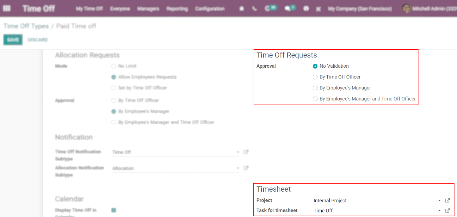 View of a time off types form emphasizing the time off requests and timesheets section in CoquiAPPs Time Off