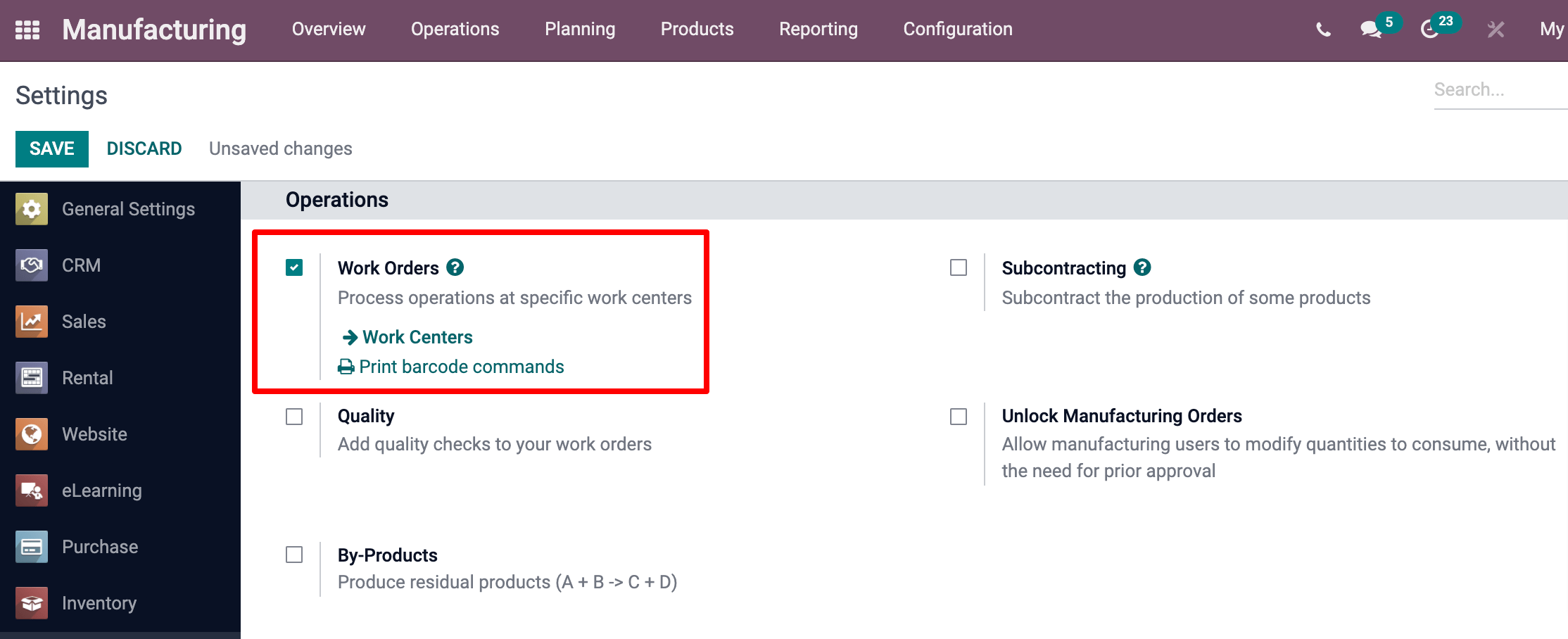 Work order settings ticked in CoquiAPPs Manufacturing.
